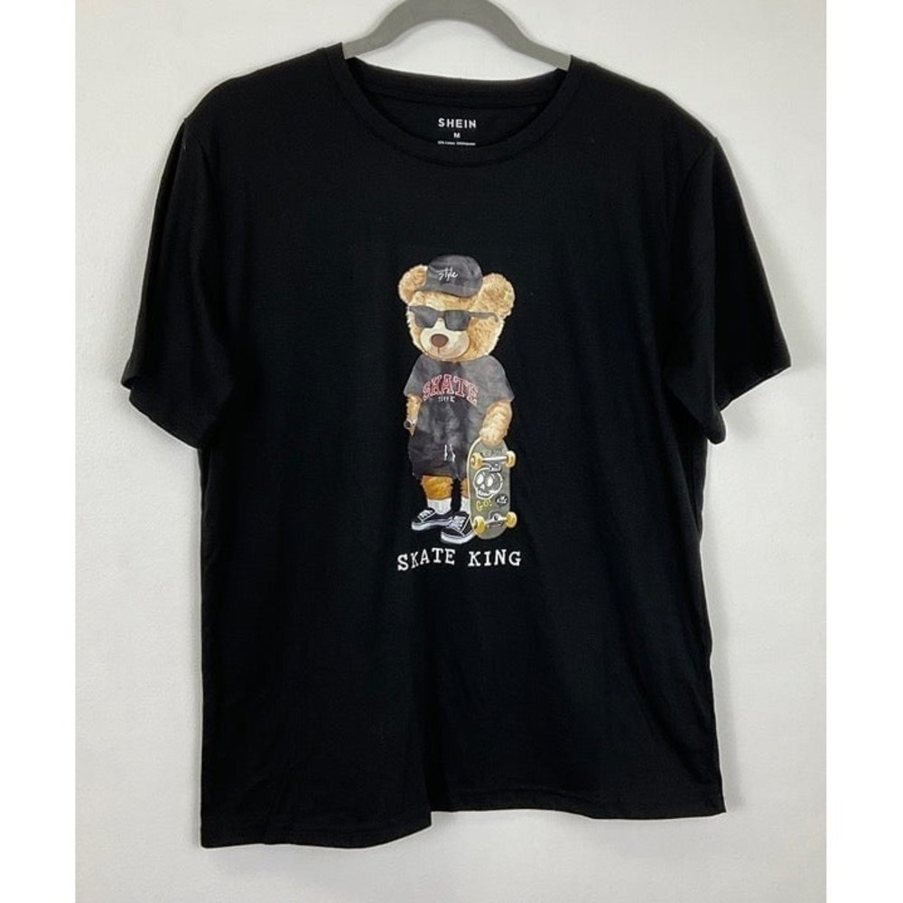 Shein Mens Skate King Teddy Bear‎ Graphic T-Shirt Black Short Sleeve Medium